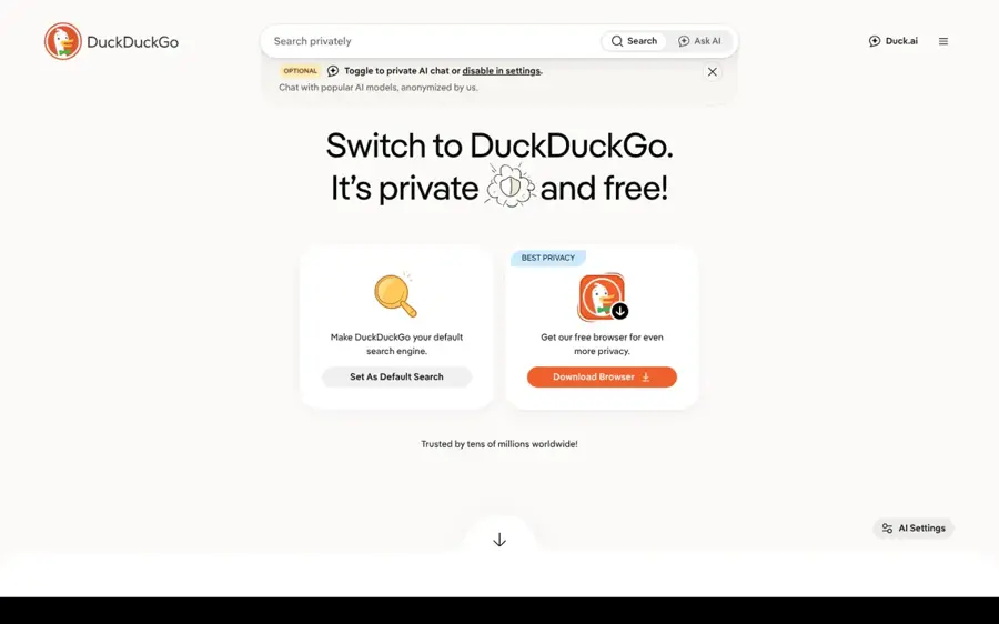 DuckDuckGo AI image filter homepage