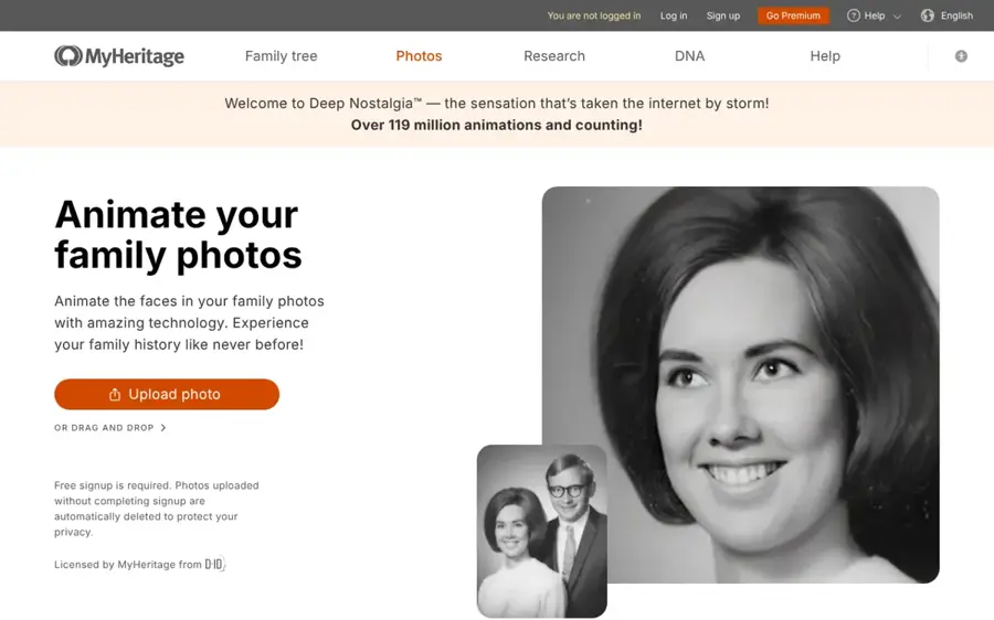 MyHeritage Deep Nostalgia homepage