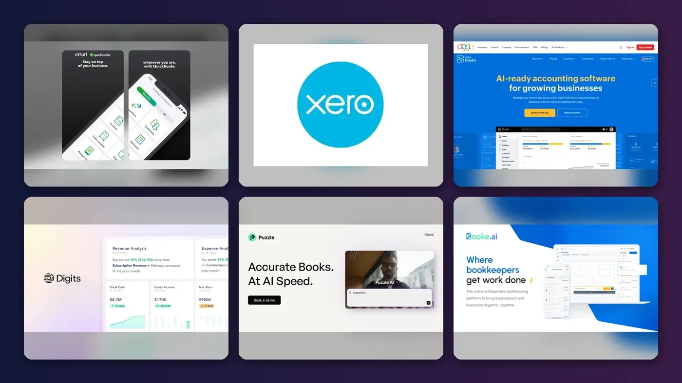 Collage of the official websites of QuickBooks Online, Xero, Zoho Books, Digits, Puzzle and Booke AI