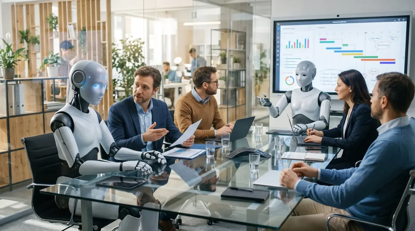 Humanoid robots and office workers around a meeting table, with project charts on a screen