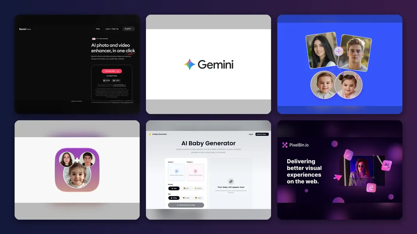 Collage of the official websites of Remini, Google Gemini, Fotor, Face Maker, BabyGenerator.ai and Pixelbin