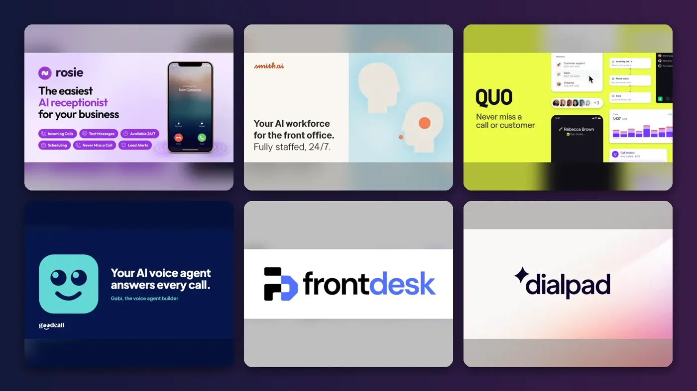 Collage of the official websites of Rosie, Smith.ai, Quo, Goodcall, My AI Front Desk and Dialpad