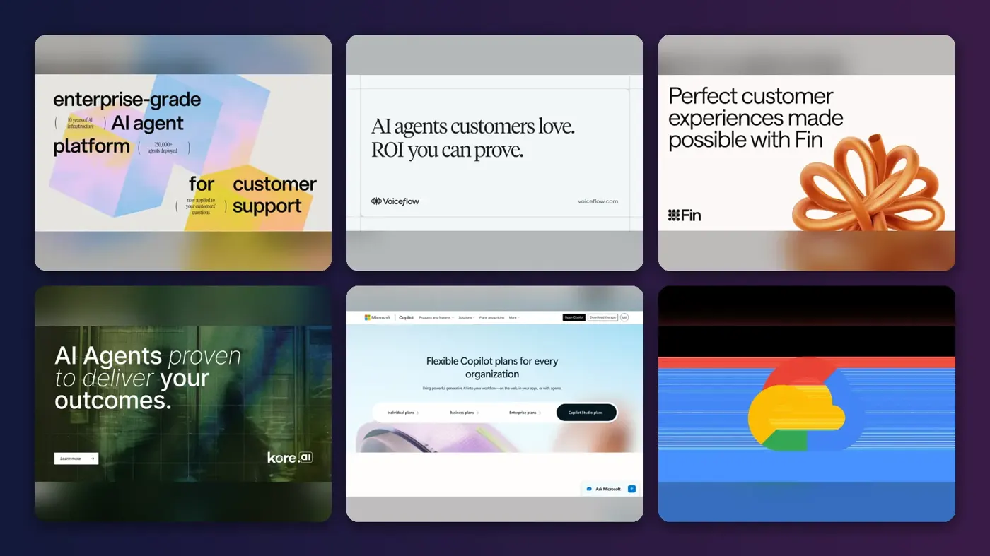 Collage of the official websites of Botpress, Voiceflow, Intercom Fin, Kore.ai, Microsoft Copilot Studio and Google Conversational Agents
