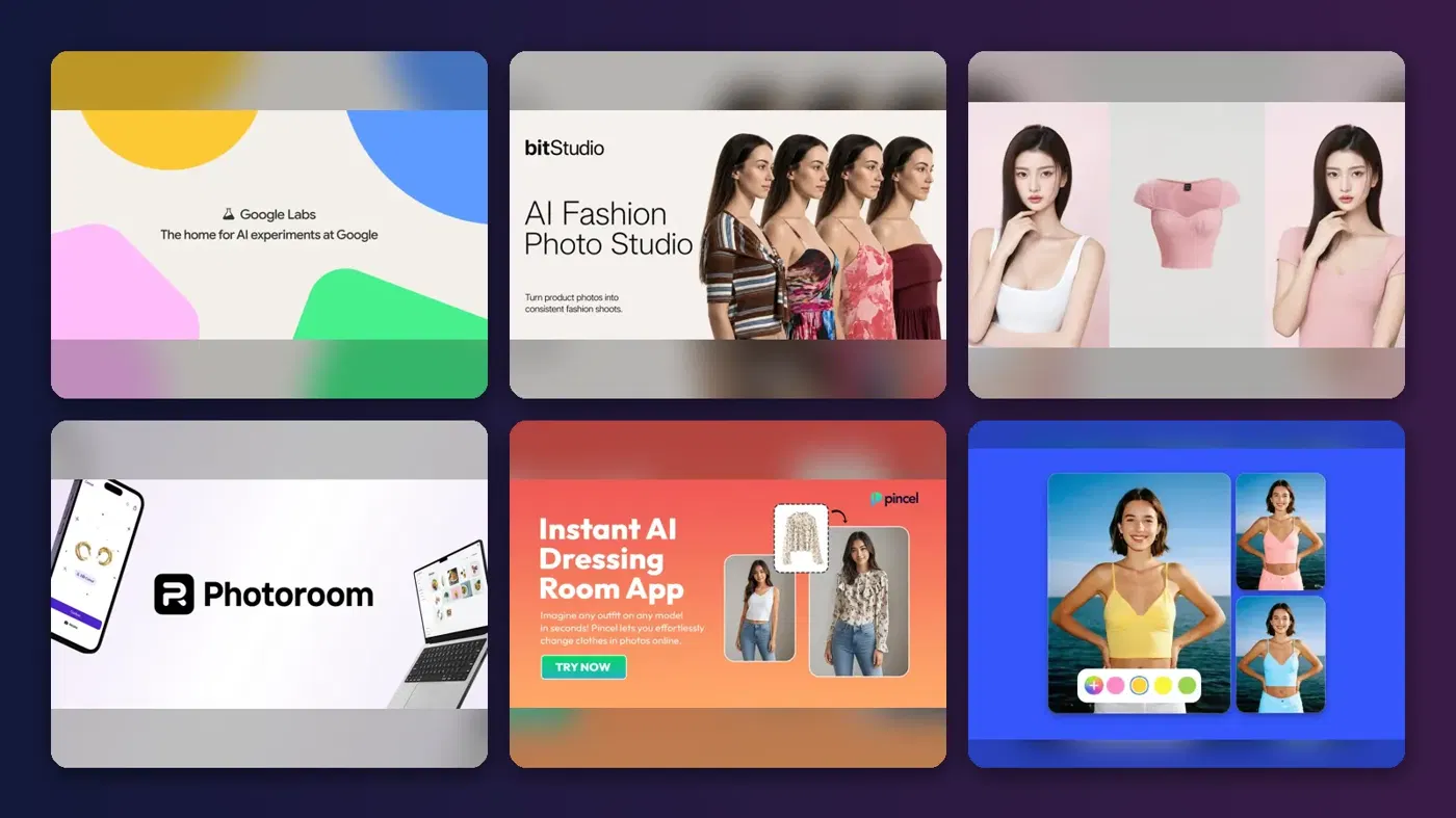 Collage of the official websites of Google Try On, bitStudio, Kling AI Virtual Try-On, Photoroom Virtual Model, Pincel and Fotor Clothes Color Changer