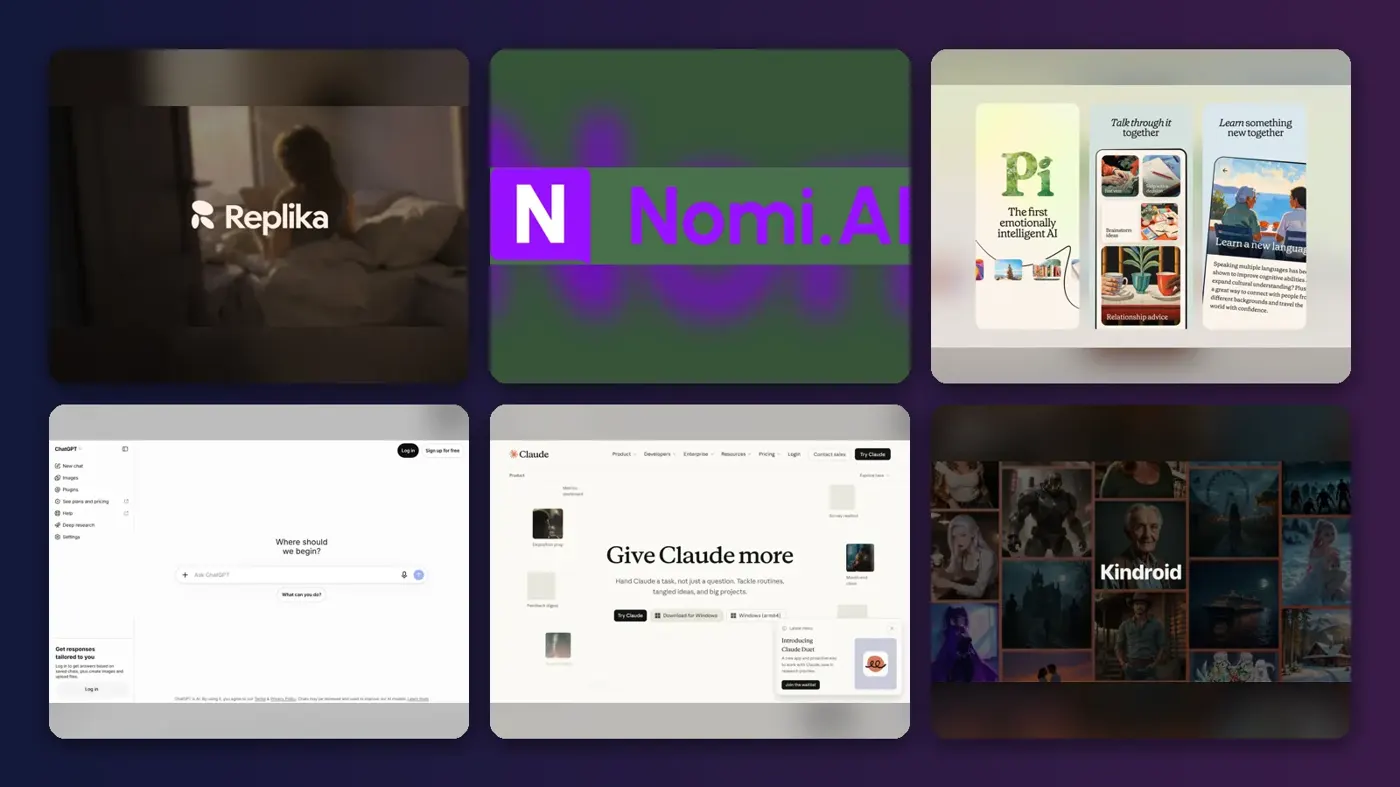 Collage of the official websites of Replika, Nomi AI, Pi, ChatGPT, Claude and Kindroid