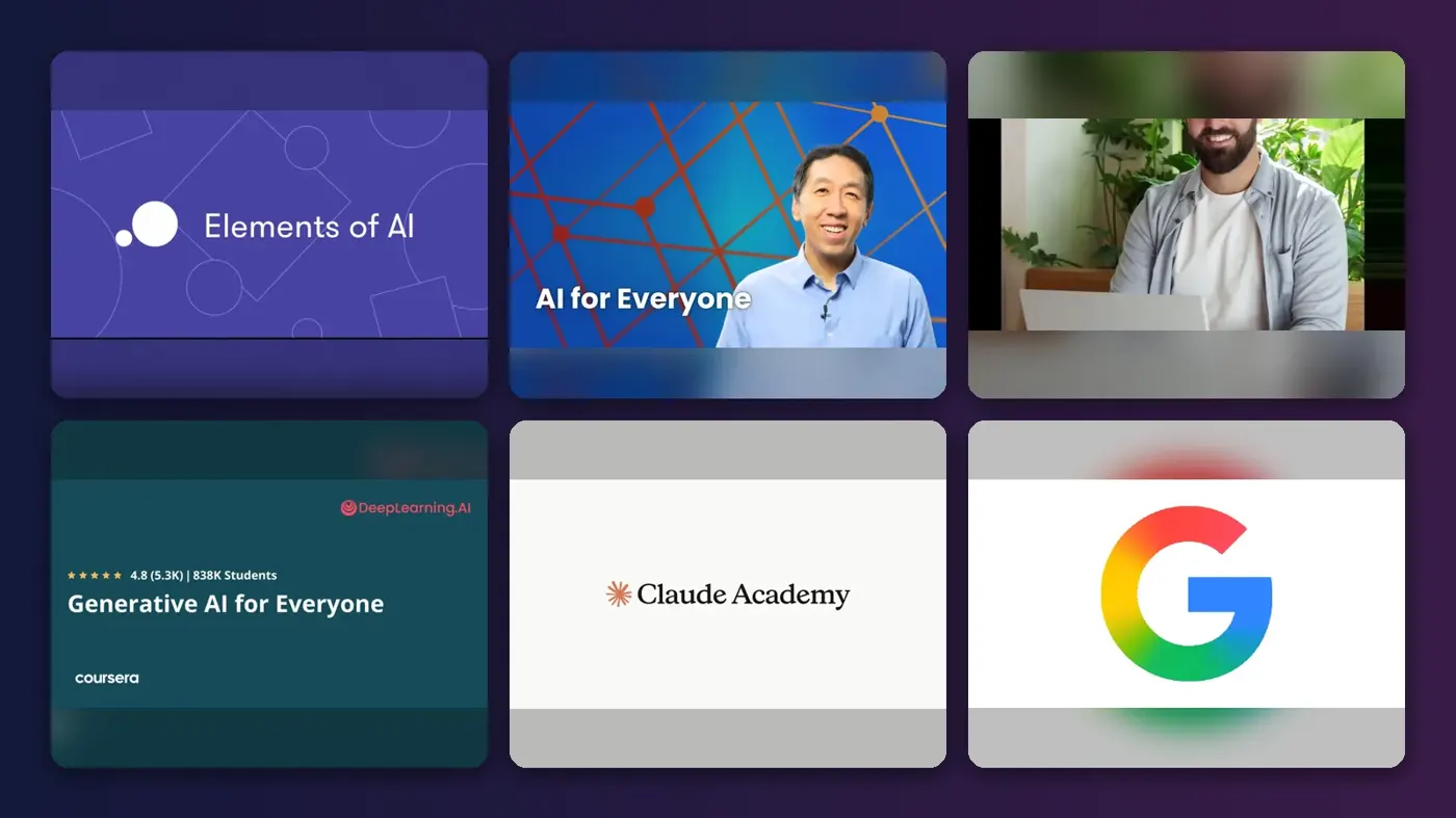 Collage of the official websites of Elements of AI, AI For Everyone, Google AI Essentials, Generative AI for Everyone, Anthropic AI Fluency and Google Introduction to Generative AI