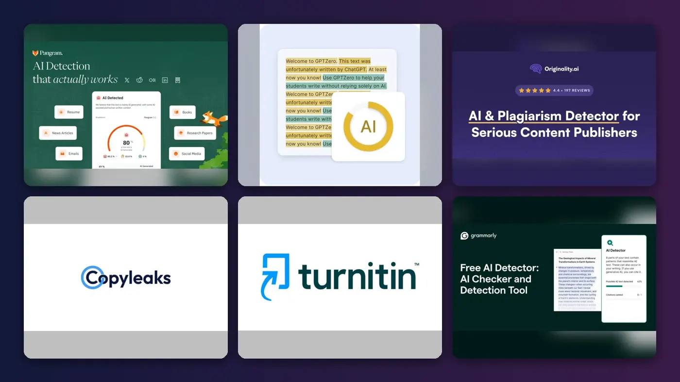 Collage of the official websites of Pangram, GPTZero, Originality.ai, Copyleaks, Turnitin and Grammarly AI Detector