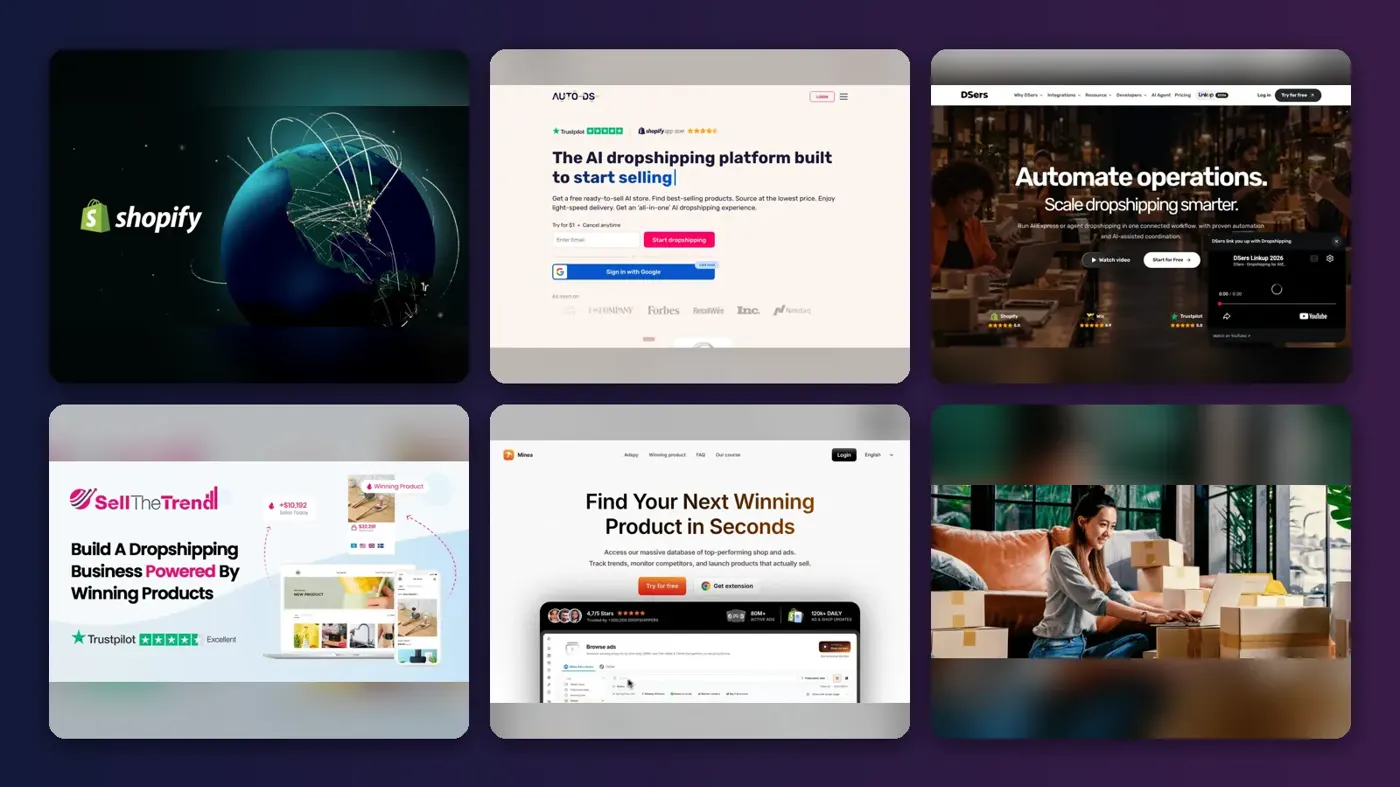 Collage of the official websites of Shopify Magic and Sidekick, AutoDS, DSers, Sell The Trend, Minea and Zendrop