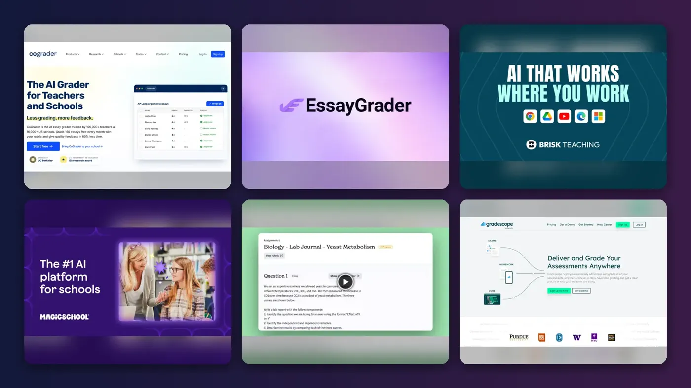 Collage of the official websites of CoGrader, EssayGrader, Brisk Teaching, MagicSchool, Class Companion and Gradescope