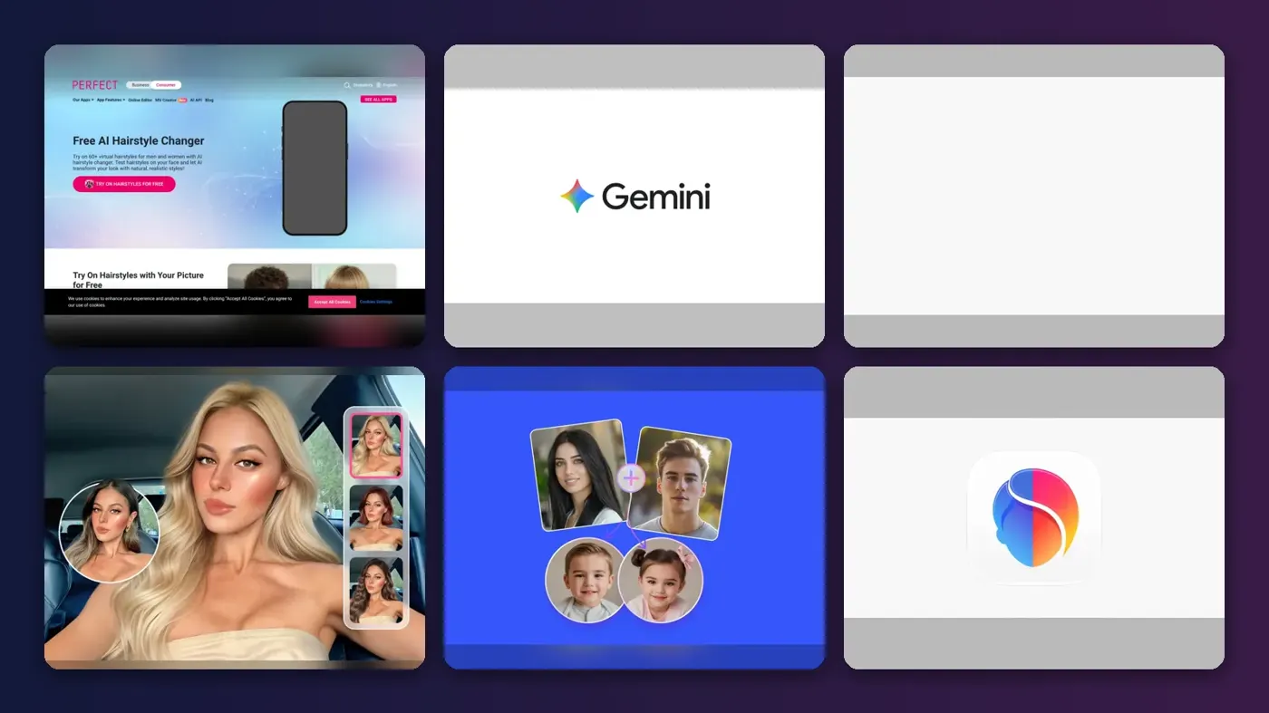 Collage of the official websites of YouCam Makeup, Google Gemini, Adobe Firefly, BeautyPlus, Fotor and FaceApp