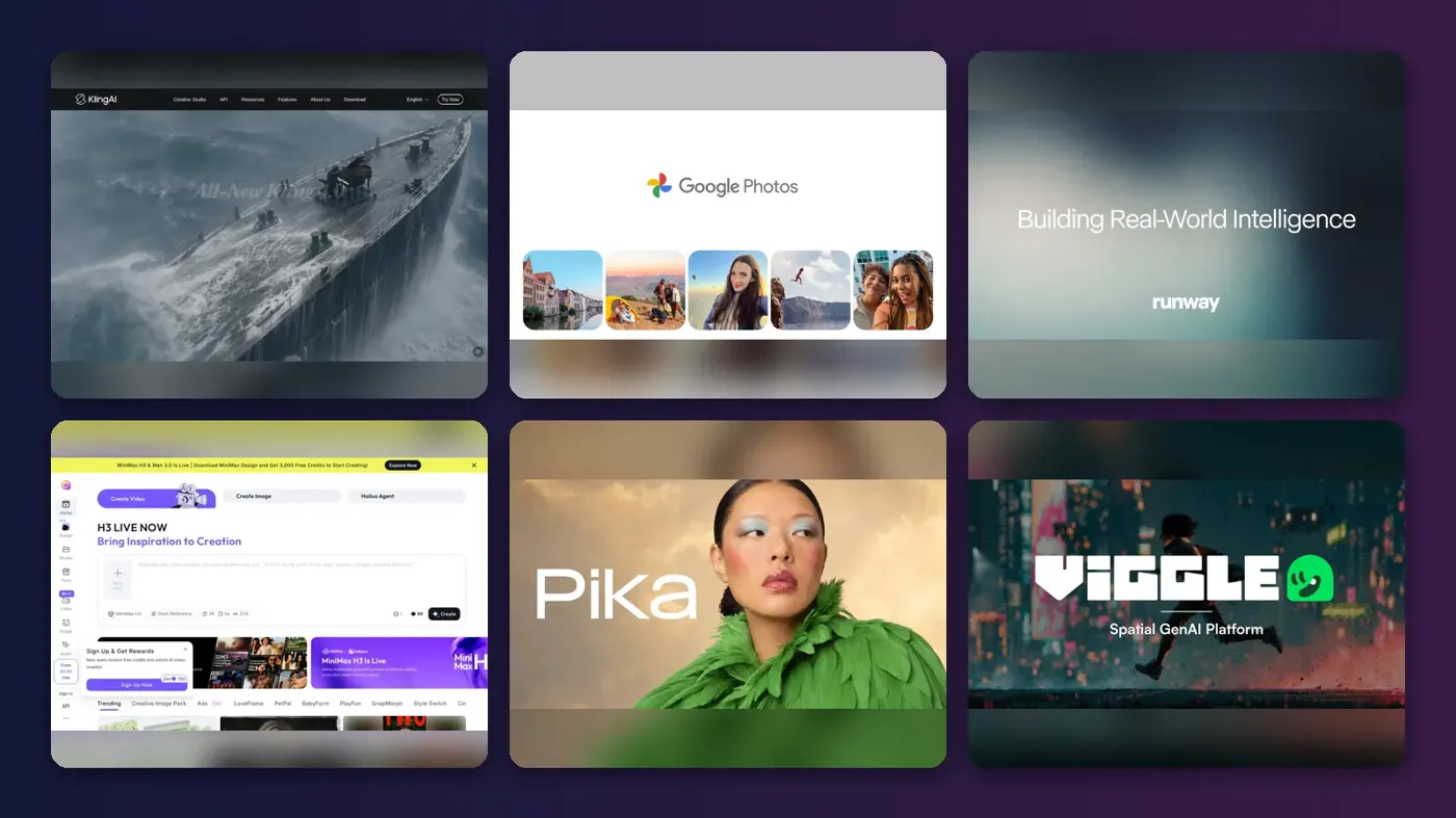 Collage of the official websites of Kling AI, Google Photos, Runway, Hailuo AI, Pika and Viggle AI