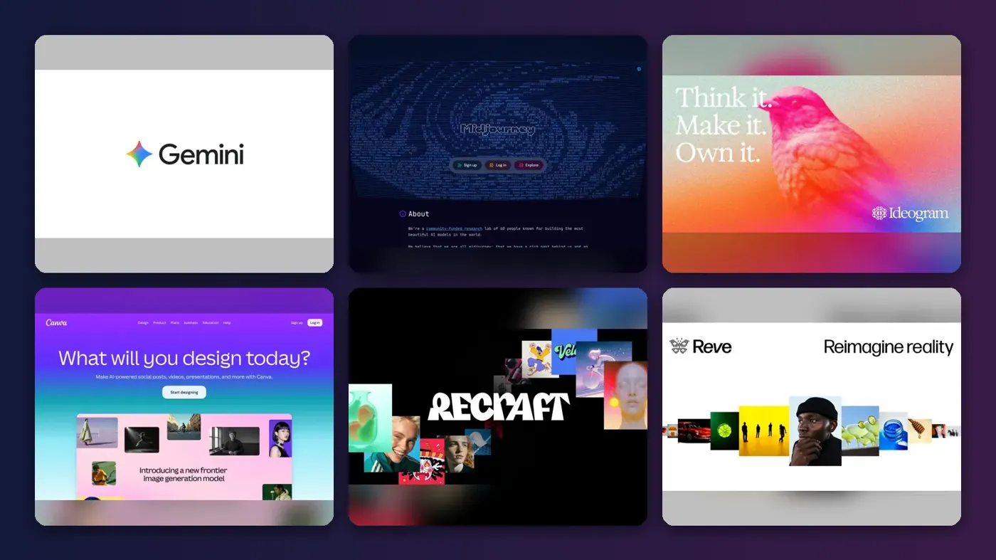 Collage of the official websites of Google Gemini, Midjourney, Ideogram, Canva, Recraft and Reve