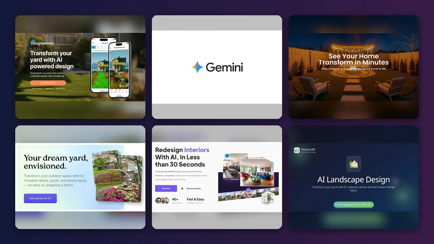 Collage of the official websites of Neighborbrite, Google Gemini, REimagineHome, Yard AI, HomeDesignsAI and DreamzAR