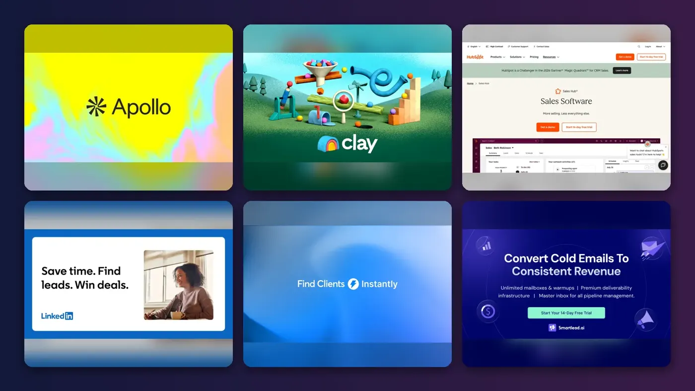 Collage of the official websites of Apollo.io, Clay, HubSpot Sales Hub, LinkedIn Sales Navigator, Instantly and Smartlead
