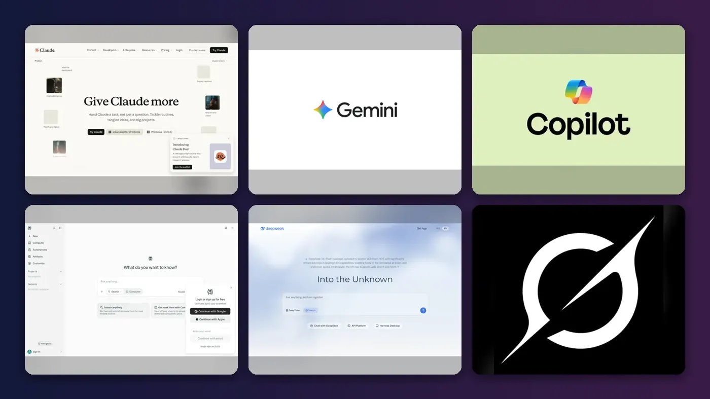 Collage of the official websites of Claude, Google Gemini, Microsoft Copilot, Perplexity, DeepSeek and Grok