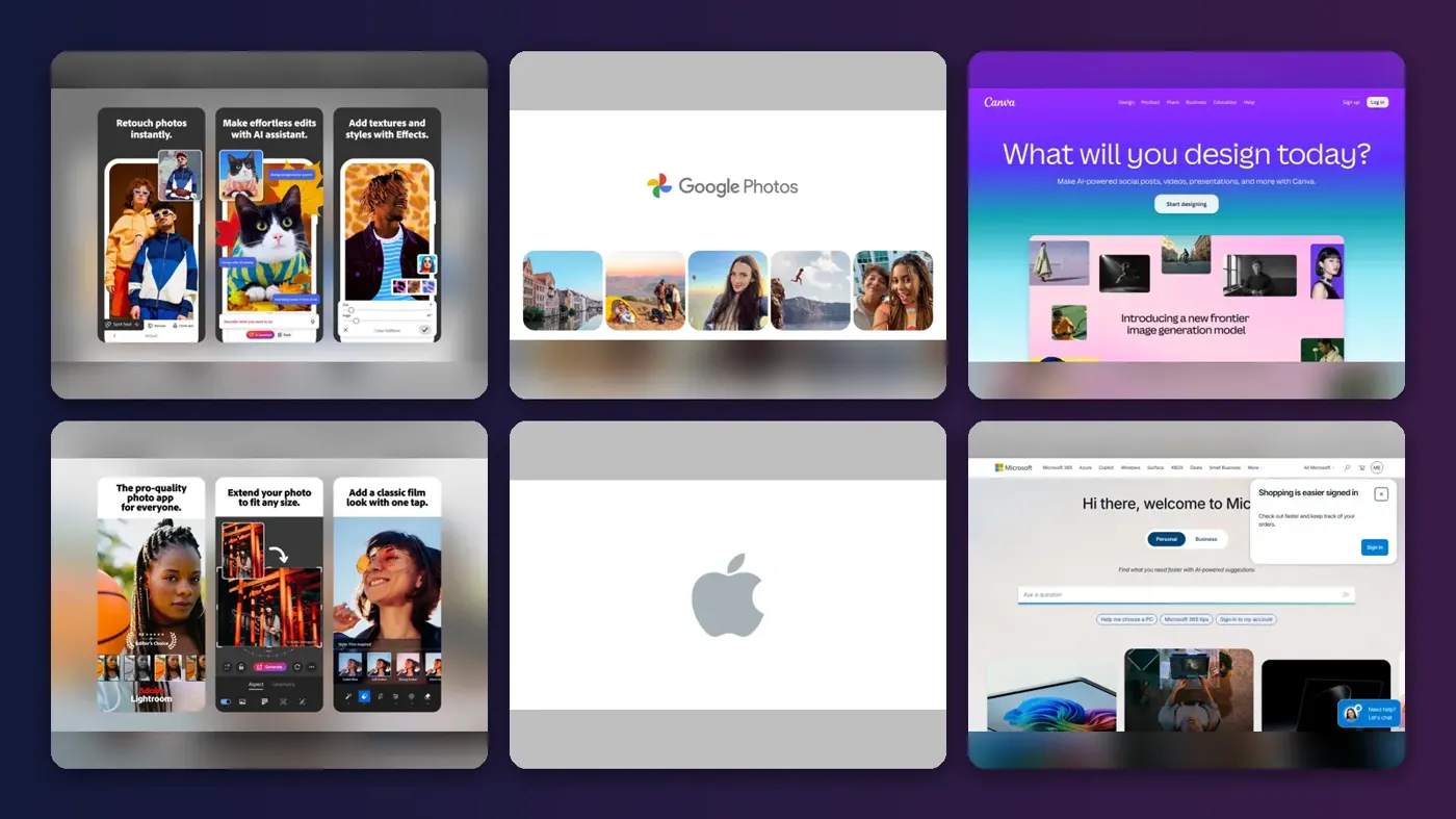 Collage of the official websites of Adobe Photoshop, Google Photos, Canva, Adobe Lightroom, Apple Photos and Windows Photos