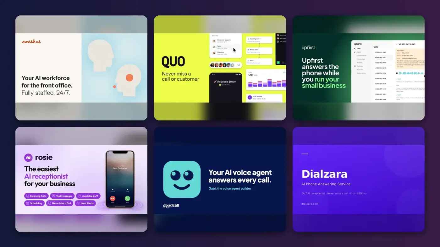 Collage of the official websites of Smith.ai, Quo, Upfirst, Rosie, Goodcall and Dialzara