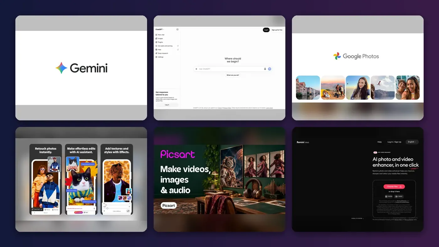 Collage of the official websites of Google Gemini, ChatGPT, Google Photos, Adobe Photoshop, Picsart and Remini