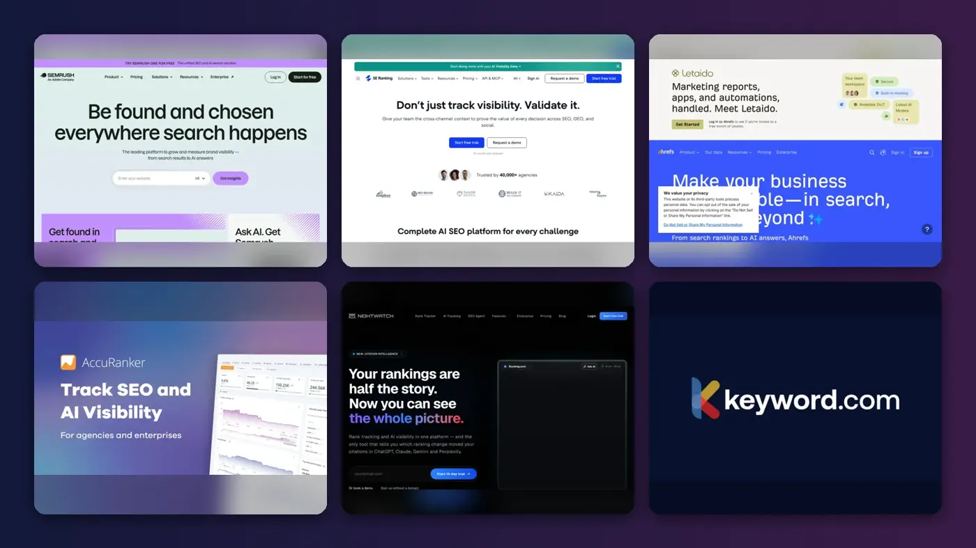 Collage of the official websites of Semrush, SE Ranking, Ahrefs, AccuRanker, Nightwatch and Keyword.com