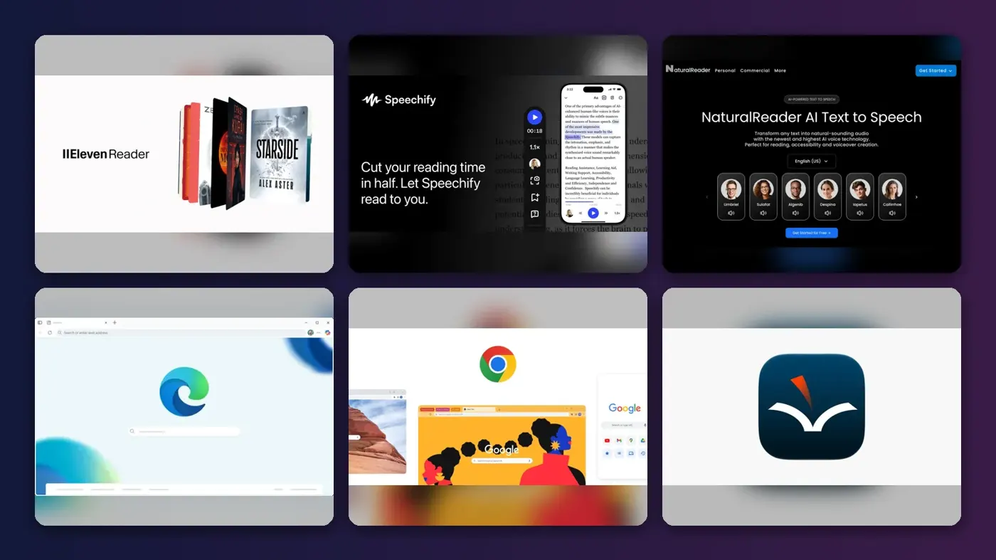 Collage of the official websites of ElevenReader, Speechify, NaturalReader, Microsoft Edge Read Aloud, Google Chrome "Listen to this page" and Voice Dream Reader