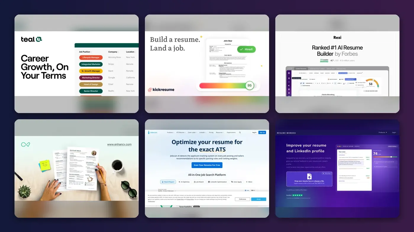 Collage of the official websites of Teal, Kickresume, Rezi, Enhancv, Jobscan and Resume Worded