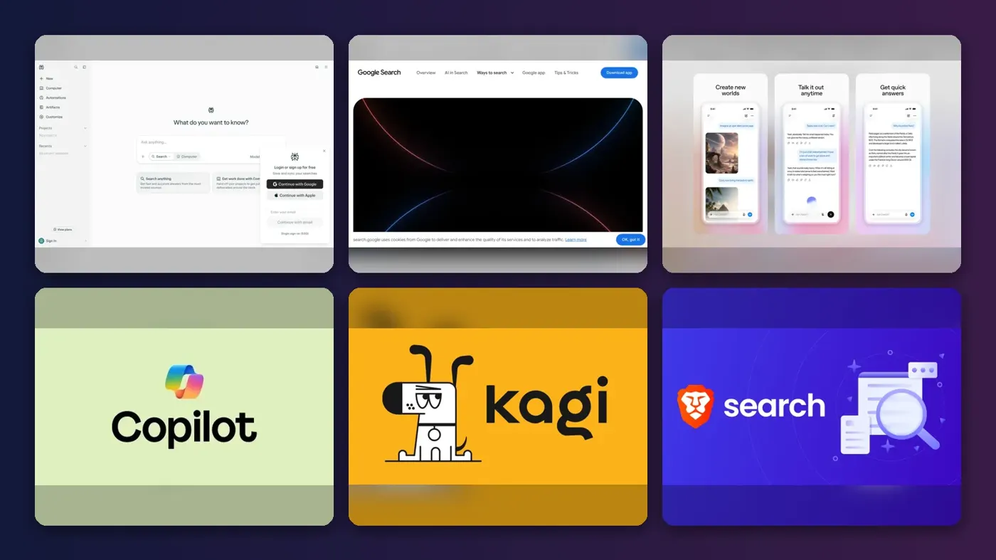 Collage of the official websites of Perplexity, Google AI Mode, ChatGPT Search, Microsoft Copilot, Kagi and Brave Search (Ask Brave)