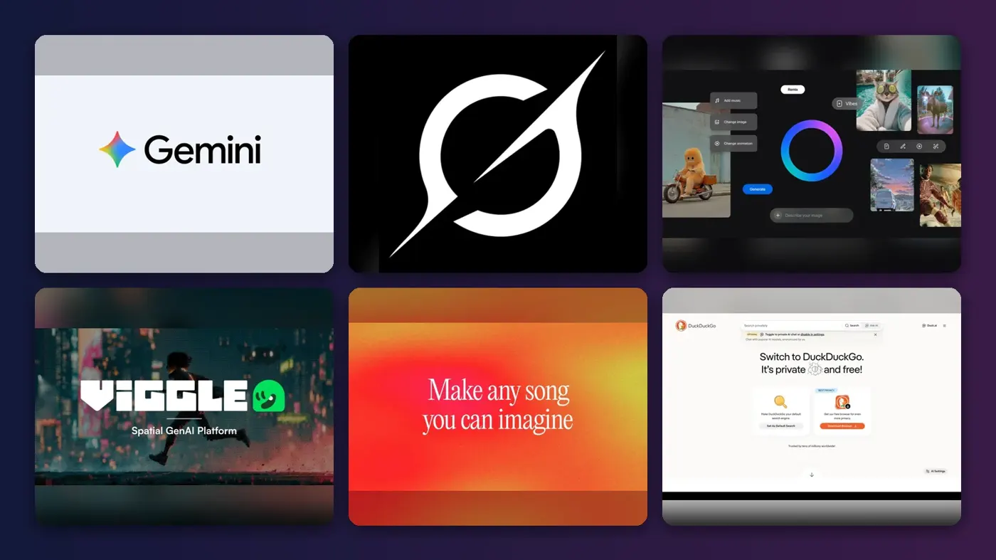 Collage of the official websites of Gemini app and Google Flow, Grok Imagine, Meta AI Vibes, Viggle AI, Suno and DuckDuckGo AI image filter