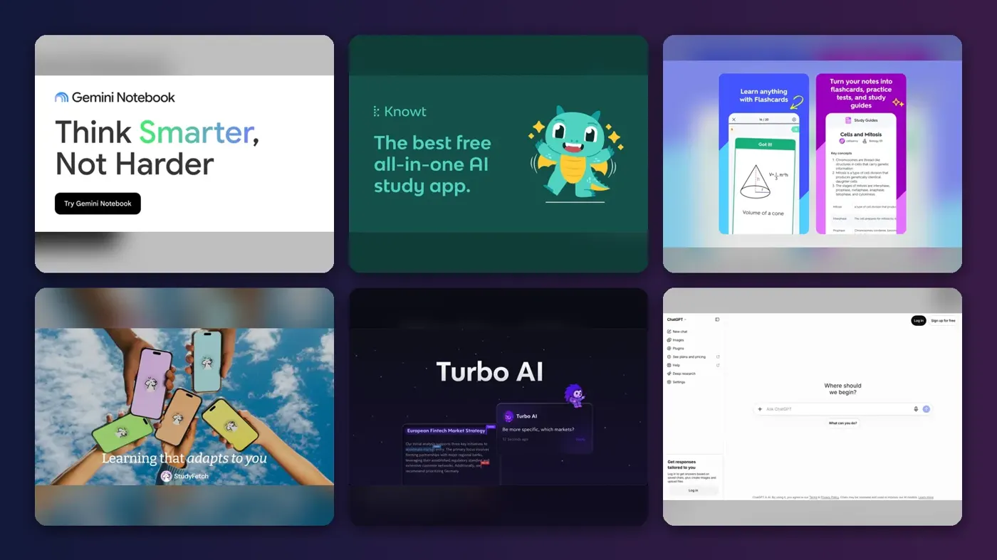 Collage of the official websites of Gemini Notebook, Knowt, Quizlet, StudyFetch, Turbo AI and ChatGPT