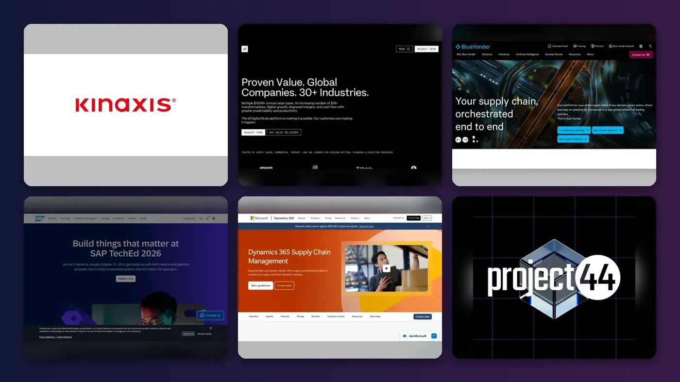 Collage of the official websites of Kinaxis Maestro, o9 Solutions, Blue Yonder, SAP IBP, Microsoft Dynamics 365 Supply Chain Management and project44