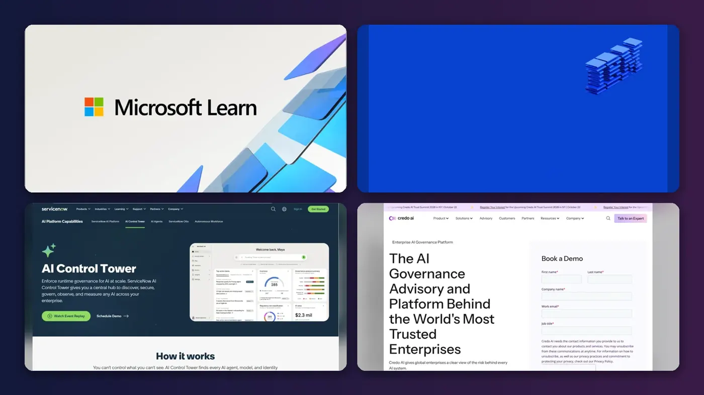 Collage of the official websites of Microsoft Agent 365, IBM watsonx.governance, ServiceNow Super Intelligence Control Tower and Credo AI