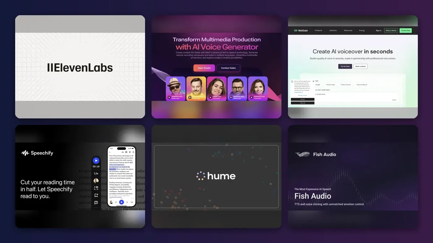 Collage of the official websites of ElevenLabs, Murf AI, WellSaid, Speechify Studio, Hume AI (Octave) and Fish Audio