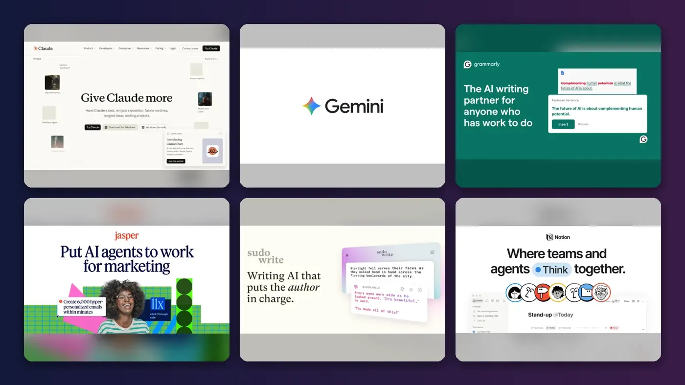 Collage of the official websites of Claude, Google Gemini, Grammarly, Jasper, Sudowrite and Notion AI