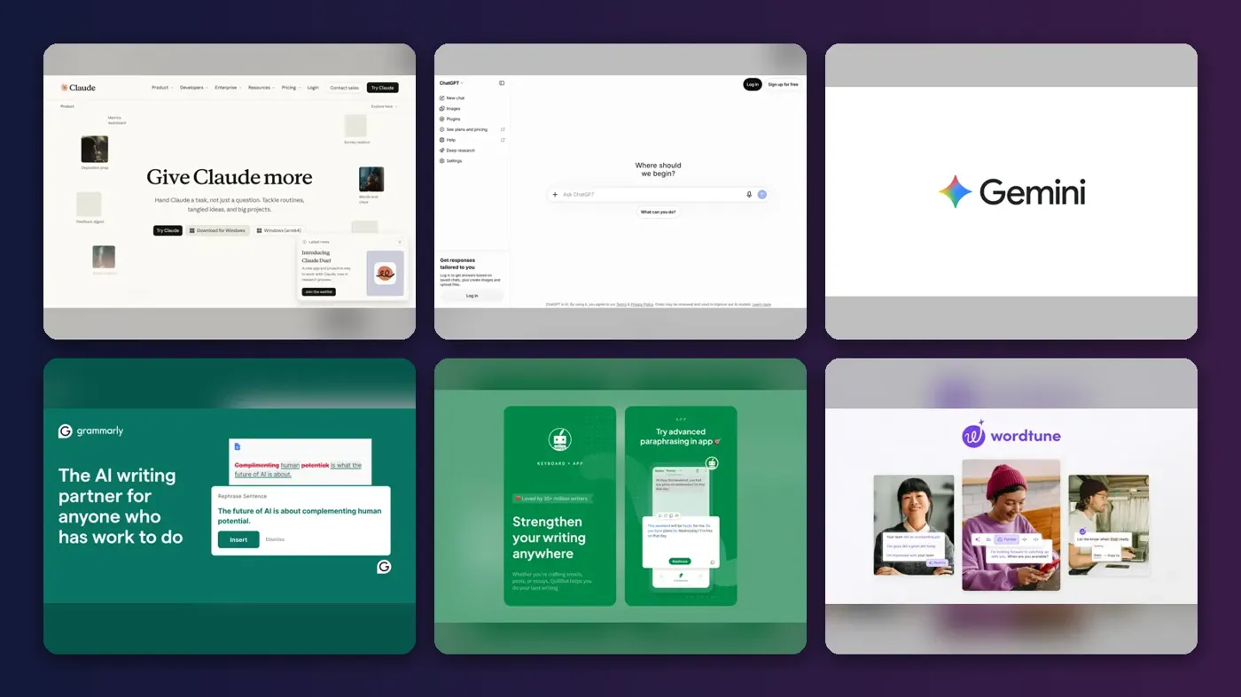 Collage of the official websites of Claude, ChatGPT, Google Gemini, Grammarly, QuillBot and Wordtune