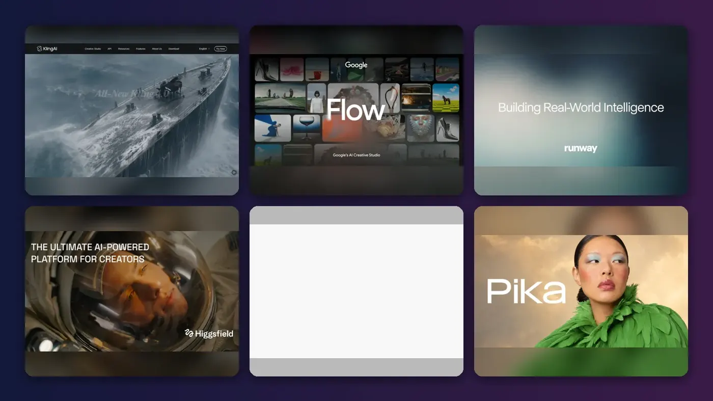 Collage of the official websites of Kling AI, Google Flow, Runway, Higgsfield, Adobe Firefly and Pika