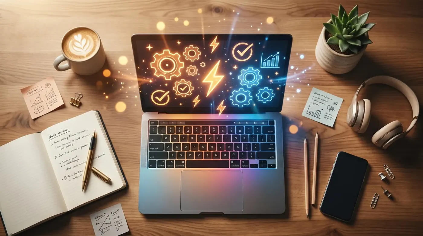 Laptop on a wooden desk with glowing productivity icons rising from the screen
