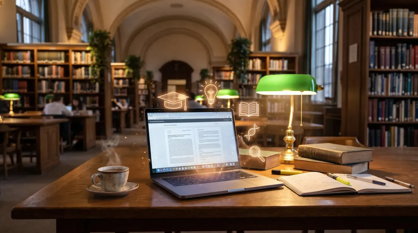 Laptop in a library with glowing study icons: a graduation cap, light bulb, book and magnifying glass
