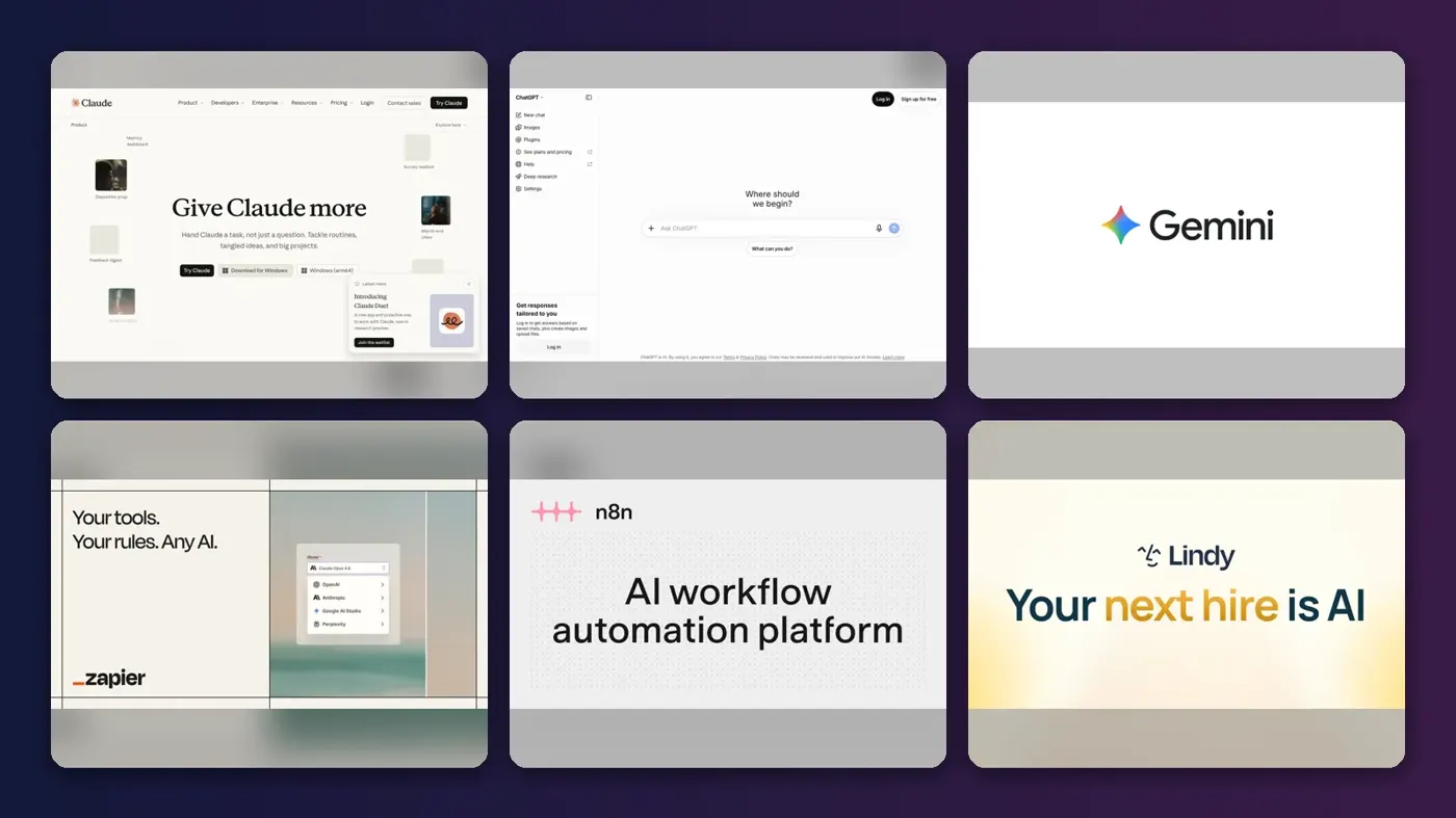 Collage of the official websites of Claude, ChatGPT, Google Gemini, Zapier, n8n and Lindy