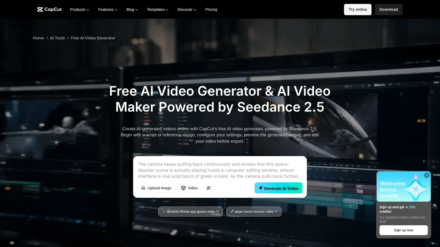 Homepage of the CapCut AI video maker (official website)