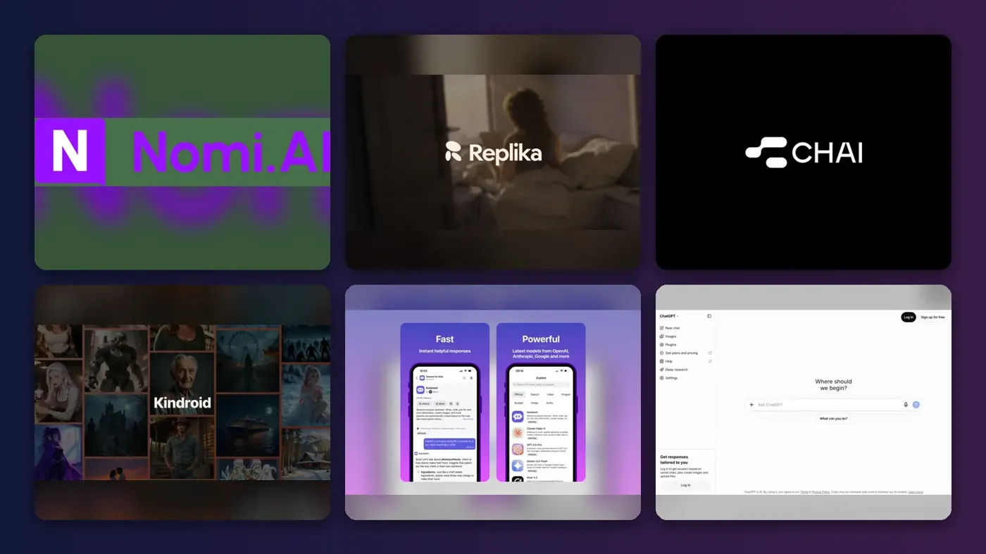 Collage of the official websites of Nomi AI, Replika, Chai, Kindroid, Poe and ChatGPT