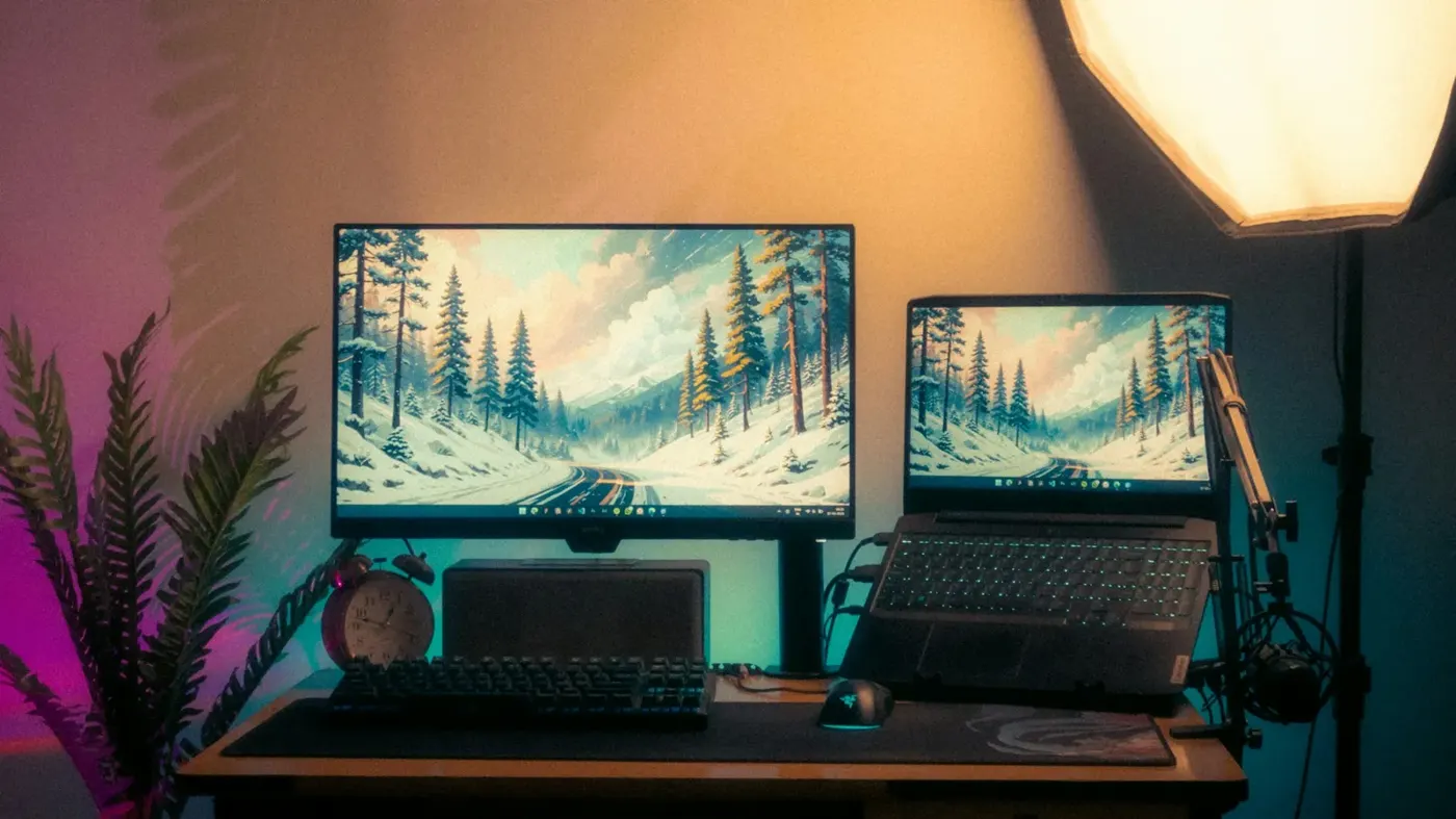 A desk setup with two screens side by side