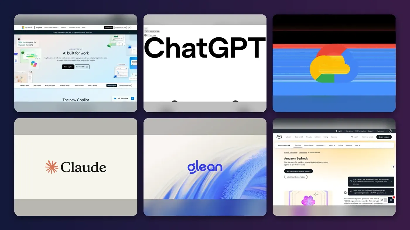Collage of the official websites of Microsoft 365 Copilot, ChatGPT Enterprise, Gemini Enterprise, Claude Enterprise, Glean and Amazon Bedrock