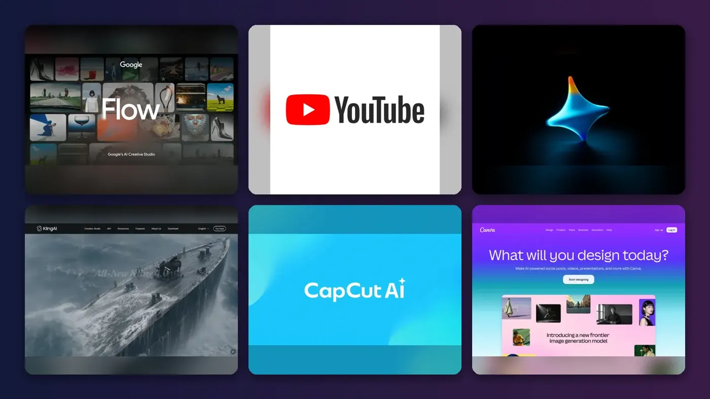 Collage of the official websites of Google Flow, YouTube Create, Dreamina, Kling AI, CapCut and Canva