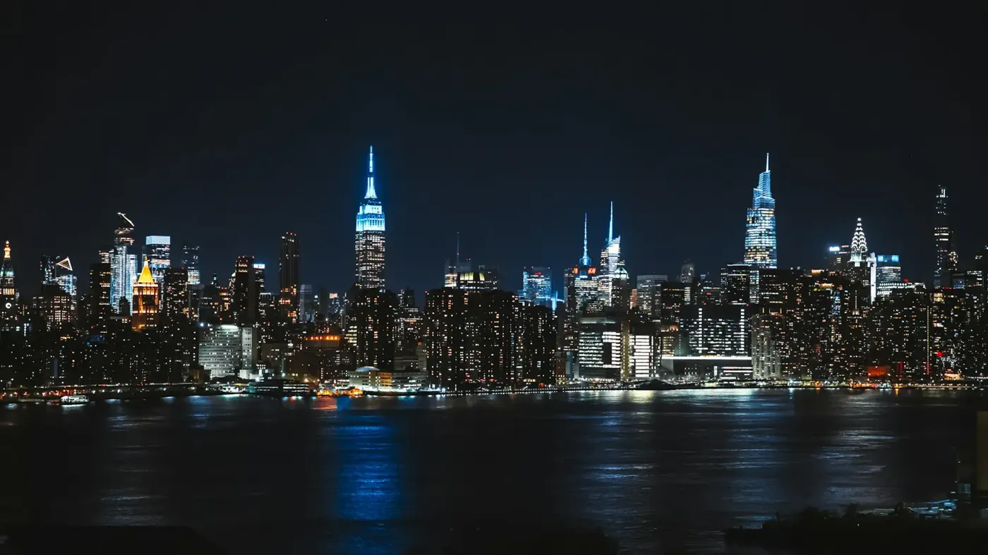 A city skyline lit up at night