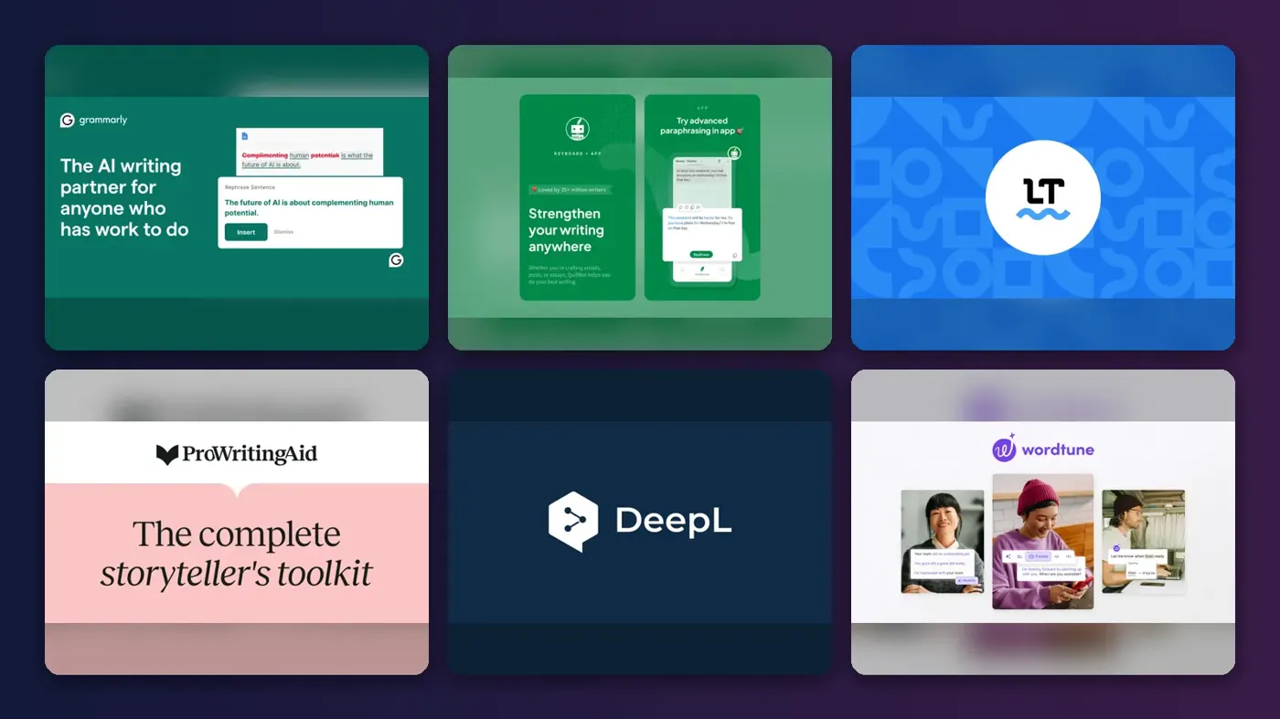 Collage of the official websites of Grammarly, QuillBot, LanguageTool, ProWritingAid, DeepL Write and Wordtune