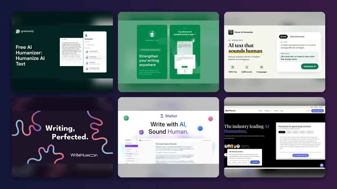 Collage of the official websites of Grammarly AI Humanizer, QuillBot AI Humanizer, Clever AI Humanizer, WriteHuman, Walter Writes AI and GPTHuman