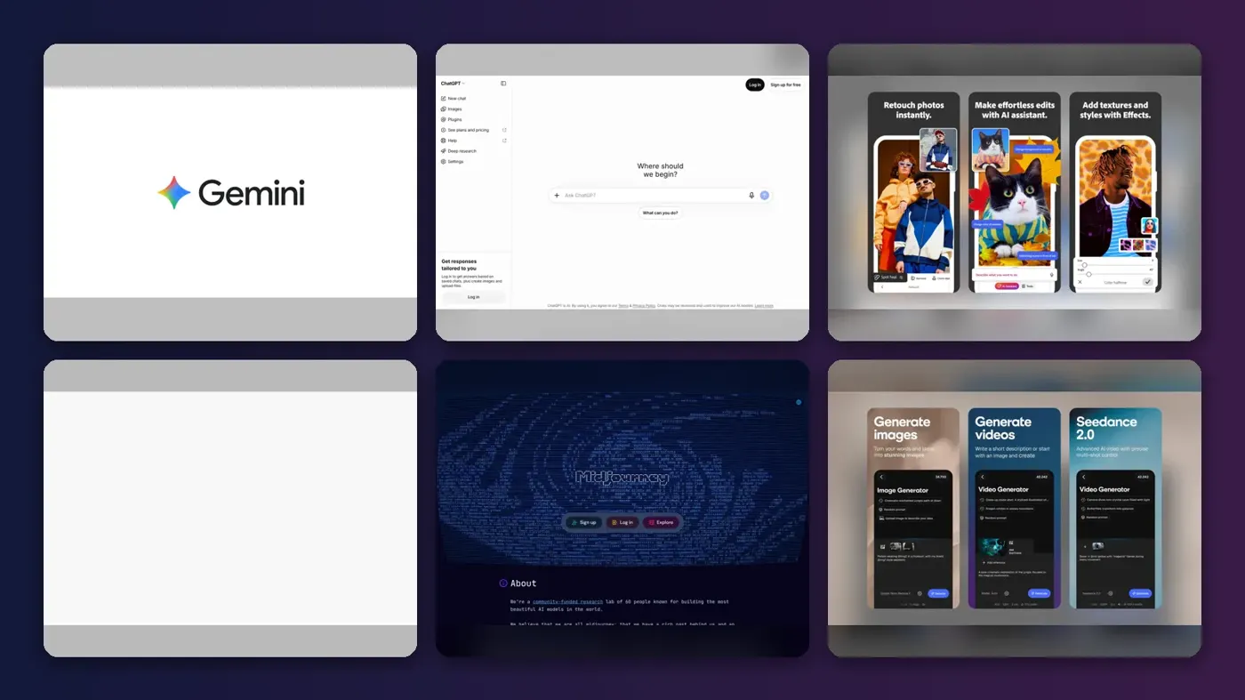 Collage of the official websites of Google Gemini, ChatGPT, Adobe Photoshop, Adobe Firefly, Midjourney and Magnific