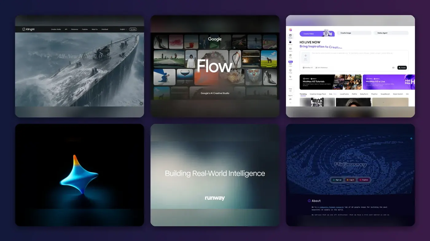 Collage of the official websites of Kling AI, Google Flow, Hailuo, Dreamina, Runway and Midjourney