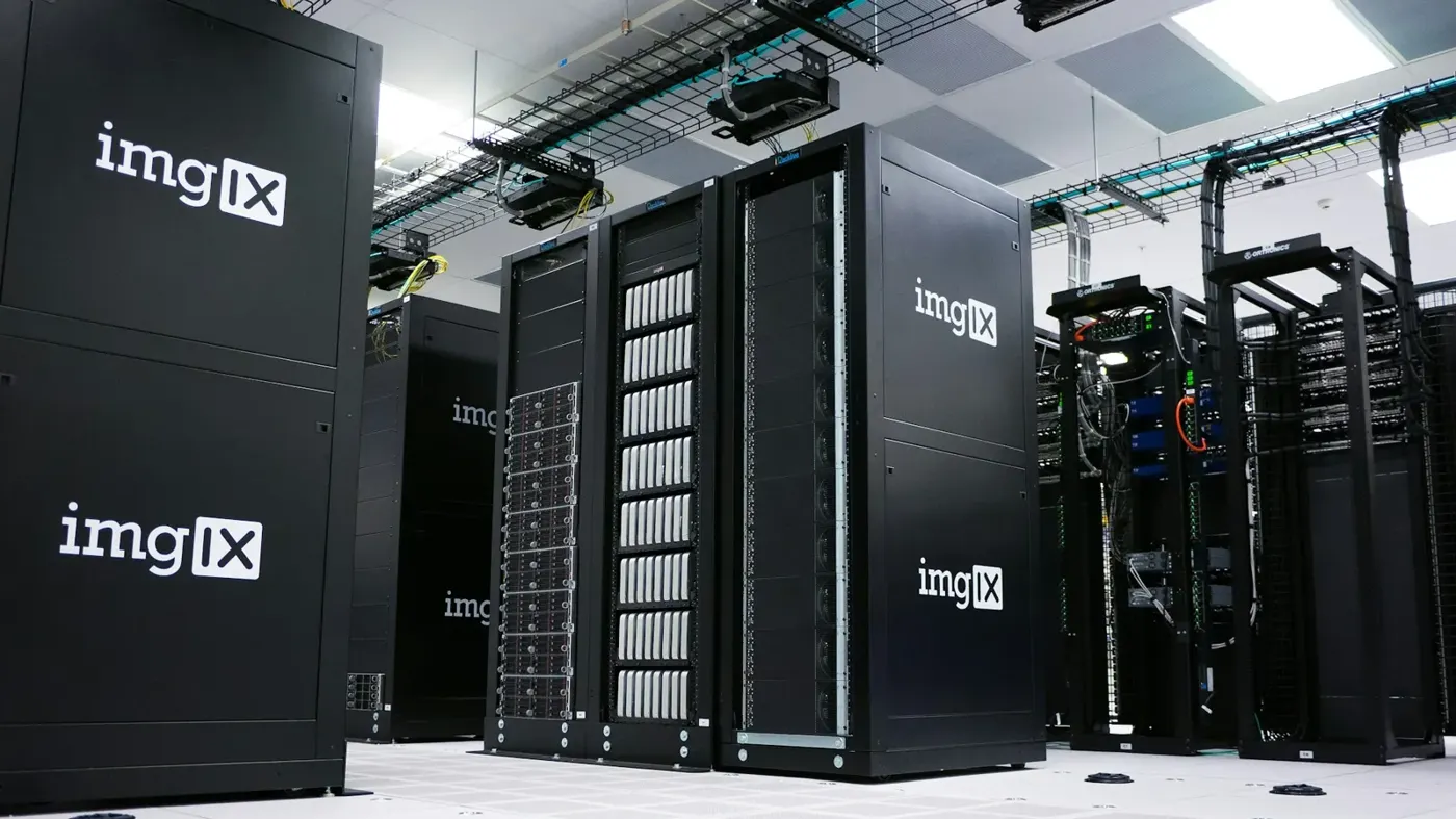 Rows of server racks in a data center
