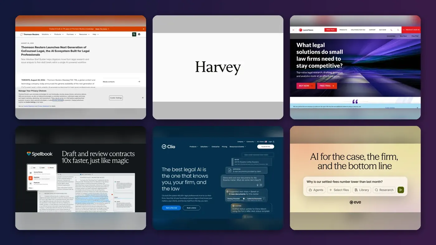Collage of the official websites of CoCounsel Legal, Harvey, LexisNexis, Spellbook, Clio and Eve