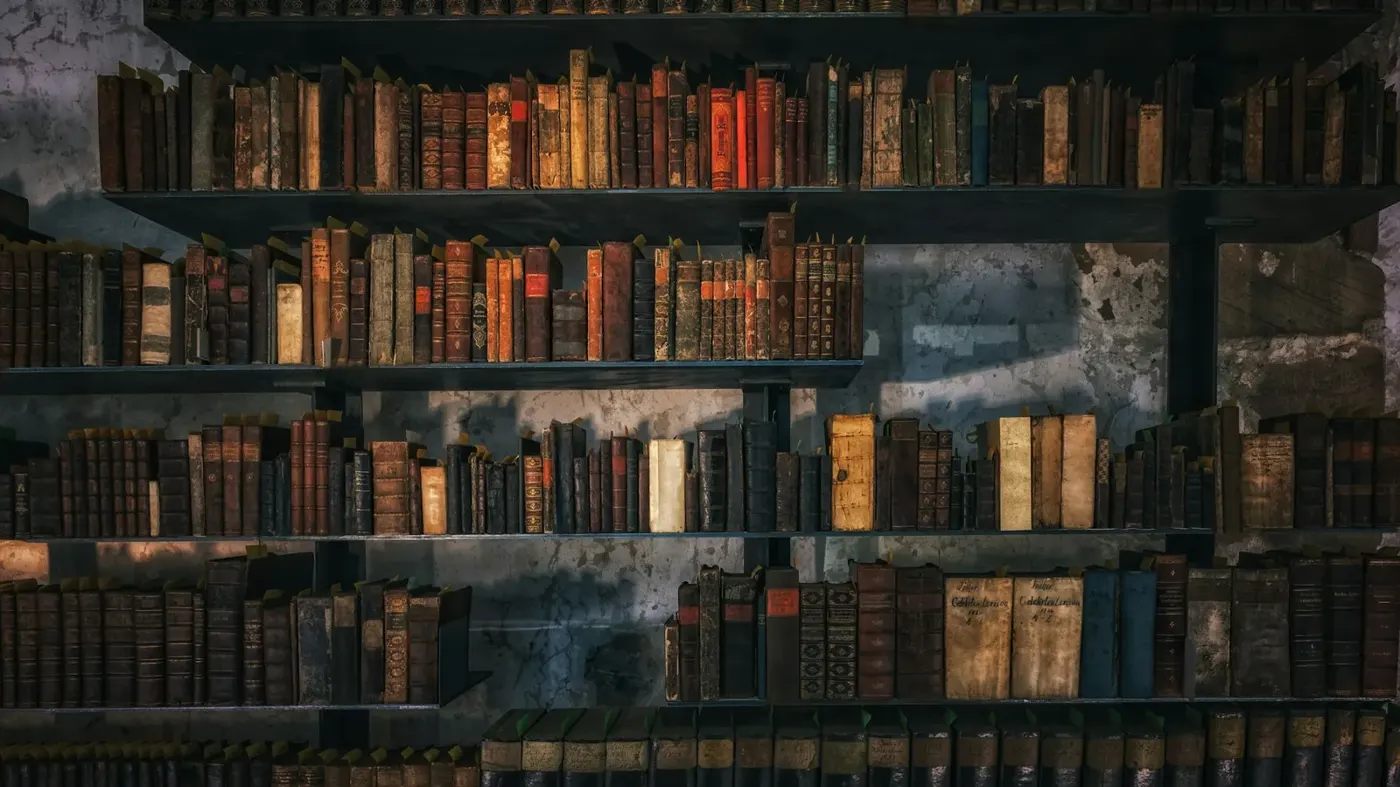 Wooden library shelves filled with books